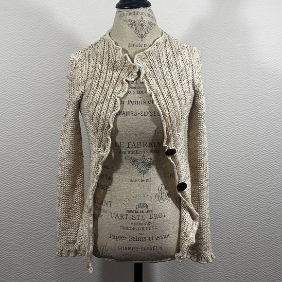 BCBGMAXAZRIA 3 button cardigan scalloped edges Variegated tans Oatmeal "Jane" - Picture 2 of 8